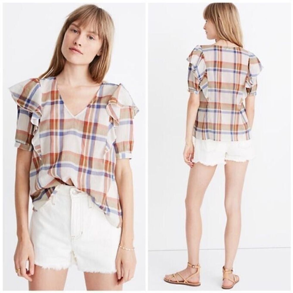 Madewell V-Neck Shoulder-Ruffle Top Shady Plaid Rusted Tin Women's Size M